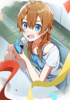 1girl blue_eyes blue_shirt blush brown_hair cellphone chair comadori09 commentary_request confetti elbow_on_table from_above hair_between_eyes hair_ornament hairclip highres holding holding_phone indoors long_hair nabatame_haru on_chair open_mouth phone shine_post shirt shirt_under_shirt short_sleeves sitting smartphone solo sweatdrop table