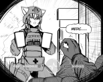 1girl animal_ears ao_homura battlefield_(series) battlefield_6 defibrillator english_text greyscale hair_between_eyes holding looking_at_viewer medium_hair monochrome open_mouth original speech_bubble user_interface