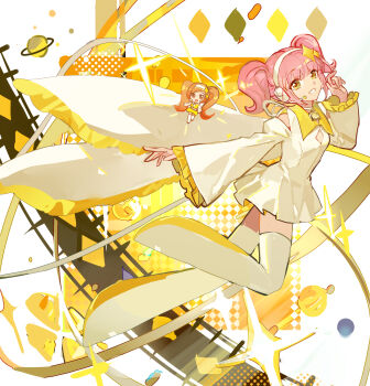 Rule 34 | 2girls, amulet dia, boots, border, chibi, closed mouth, collared dress, dia (shugo chara!), diamond cutout, diamond hair ornament, dress, floating clothes, floating hair, frilled sleeves, frills, full body, hairband, headset, highres, hinamori amu, humpty lock (shugo chara!), light blush, long hair, long sleeves, magical girl, mento, miniskirt, multiple girls, open mouth, orange background, orange hair, outside border, outstretched hand, pink hair, planet, shirt, shoes, short dress, shugo chara!, skirt, skirt set, sleeveless, sleeveless shirt, sleeves past fingers, sleeves past wrists, smile, solo focus, sparkle, thigh boots, thighhighs, twintails, twitter username, very long hair, white border, white dress, white footwear, white hairband, white thighhighs, wide sleeves, yellow background, yellow boots, yellow eyes, yellow shirt