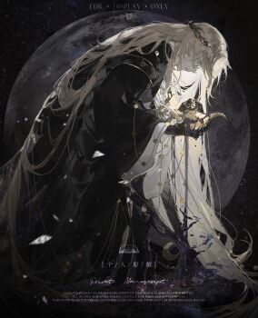 1boy absurdres artist_request ascot black_background black_gloves black_liquid black_robe blonde_hair chain chinese_commentary commission crescent_print curtained_hair feet_out_of_frame full_moon glasses gloves gold_necklace highres holding_lamp jewelry kneeling laurel_crown long_hair long_sleeves looking_at_object looking_down lord_of_the_mysteries male_focus moon necklace oil_lamp parted_lips rectangular_eyewear robe second-party_source shards shirt solo trunsoest_(lord_of_the_mysteries) very_long_hair watermark white_ascot white_shirt wide-eyed wide_sleeves yellow_eyes