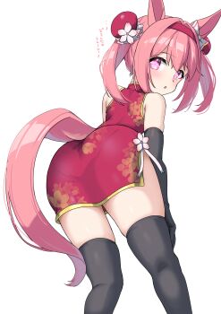 1girl absurdres alternate_costume animal_ears ass bare_shoulders black_gloves black_thighhighs blush bow bun_cover china_dress chinese_clothes commentary_request commission cowboy_shot double_bun dress ear_bow ear_covers elbow_gloves floral_print flower flower-shaped_pupils flower_in_eye from_behind gloves hair_between_eyes hair_bun hair_flower hair_ornament hairband hand_on_own_knee haru_urara_(umamusume) headband highres horse_ears horse_girl horse_tail kibihimi leaning_forward long_hair looking_at_viewer looking_back medium_hair parted_lips pink_eyes pink_hair pink_headband pixiv_commission red_dress red_headband simple_background sleeveless sleeveless_dress solo symbol-shaped_pupils symbol_in_eye tail thighhighs thighs translation_request two_side_up umamusume white_background white_bow white_flower