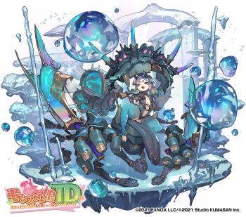 Rule 34 | 1girl, :d, armor, black bodysuit, blue bodysuit, blue eyes, blue hair, bodysuit, bow (weapon), breasts, bubble, center opening, commentary request, copyright logo, copyright name, copyright notice, covering breasts, covering crotch, covering privates, disembodied hand, extra arms, fang, floating, floating object, full body, gluteal fold, grey hair, hands on ground, hands on own hips, heart, heart hands, horns, logo, looking at viewer, mechanical arms, monster girl, monster musume td, multicolored bodysuit, multicolored hair, navel, official alternate costume, official art, open mouth, palms together, rakhion (monster musume td), short hair, shoulder armor, simple background, sitting, skin fang, small breasts, smile, so-taro, solo, star (symbol), star print, stirrup legwear, streaked hair, teeth, toeless legwear, tongue, tongue out, water, weapon, white background, white hair