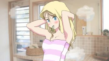 1girl adjusting_hair arisa_(henkei_shoujo) arm_behind_head armpits bathroom blonde_hair blue_eyes blurry blurry_background breasts cleavage commentary_request henkei_shoujo long_hair medium_breasts mouth_hold naked_towel official_art photo_background solo towel towel_on_head