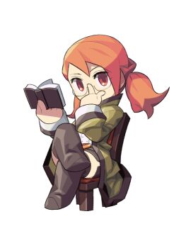 1girl adjusting_eyewear anime_coloring archived_source belt belt_buckle black_belt black_boots black_skirt book boots braid buckle buttons chair coat collared_coat covered_mouth crossed_legs deformed double-breasted final_fantasy final_fantasy_iii full_body glasses gold_buckle green_coat green_sleeves half_up_half_down_braid high_collar holding holding_book itsumo_nokoru looking_at_viewer miniskirt on_chair orange_hair popped_collar red_eyes refia round_eyewear scholar_(final_fantasy) semi-rimless_eyewear shirt simple_background skirt sleeve_cuffs solo square_enix thigh_boots twintails white_background white_shirt