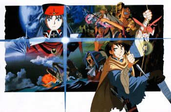 1990s_(style) 3boys 3girls arm_up bandaged_arm bandaged_leg bandages black_hair blonde_hair blue_hair blue_tunic boomerang brown_eyes brown_hair dagger dark-skinned_female dark_skin dragonship_destiny dual_wielding expressionless facial_mark grin hand_fan hat headband highres hiro_(lunar) holding holding_dagger holding_fan holding_knife holding_wand holding_weapon horns jean_(lunar) jewelry knife lemina_ausa long_sleeves looking_at_viewer lucia_(lunar) lunar lunar_2:_eternal_blue magic mole mole_under_mouth multiple_boys multiple_girls navel non-web_source official_art open_mouth pendant planet red_hat red_headband retro_artstyle reverse_grip ronfar_(lunar) rope ruby_(lunar) scan single_horn smile tunic wand weapon white_knight_leo