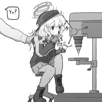 !? 1boy 1girl 743_(743rd_bat) aoba_(blue_archive) blue_archive boots closed_mouth drill_press full_body gloves halo hat holding_tool jacket long_hair long_sleeves on_stool open_mouth sitting skirt slapping speech_bubble surprised