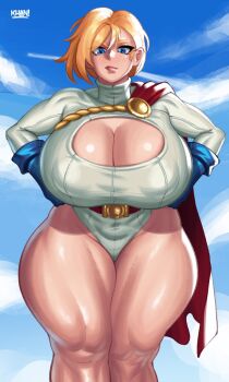 1girl artist_name blonde_hair blue_eyes blue_gloves blue_sky breasts cape cleavage cleavage_cutout clothing_cutout day dc_comics flatillustrator_khan gloves highres huge_breasts leotard outdoors power_girl red_cape short_hair side_cape sky thick_thighs thighs white_leotard