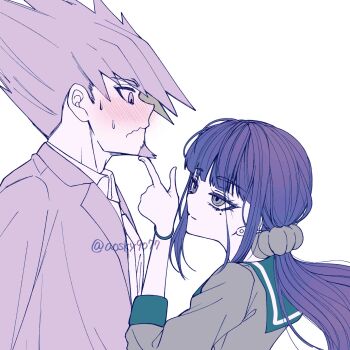 1boy 1girl black_hair blush collared_shirt danganronpa_(series) danganronpa_v3:_killing_harmony facial_hair frown goatee hair_ornament hair_scrunchie hand_on_another&#039;s_chin harukawa_maki highres index_finger_raised jacket long_hair long_sleeves momota_kaito pink_hair pink_jacket red_eyes red_scrunchie red_shirt satori_(aosky9077) scrunchie shirt simple_background spiked_hair sweat white_background white_shirt