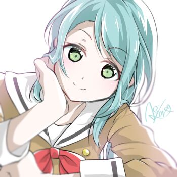 1girl aose_ao aqua_hair bang_dream! bang_dream!_girls_band_party! commentary_request green_eyes hanasakigawa_school_uniform highres hikawa_sayo long_sleeves looking_at_viewer portrait sailor_collar school_uniform signature simple_background smile solo upper_body white_background white_sailor_collar