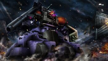 absurdres battle bazooka_(gundam) building burning cable cityscape copyright_logo dust_cloud fire game_screenshot gundam gundam_battle_operation_2 highres logo machinery mecha mecha_focus mobile_suit no_humans official_art one-eyed painting_(medium) realistic robot ruins scan science_fiction smoke sunrise_(company) tenjin_hidetaka traditional_media video_game window xamel zeon