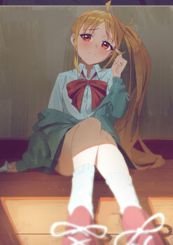 Rule 34 | 1girl, absurdres, ahoge, arm at side, arm support, black skirt, blonde hair, blurry, blurry foreground, blush, bocchi the rock!, bow, bowtie, choppy bangs, closed mouth, collared shirt, commentary, depth of field, frown, full body, green jacket, hand up, highres, ijichi nijika, indoors, jacket, jacket partially removed, large bow, long hair, long sleeves, looking at viewer, miniskirt, on floor, polka dot, polka dot bow, polka dot bowtie, raised inner eyebrows, red bow, red bowtie, red eyes, red shoes, school uniform, shade, shimokitazawa high school uniform, shirt, shoes, side ponytail, sitting, skirt, socks, solo, tomi (yktm5477), white shirt, white socks, wing collar, wooden floor