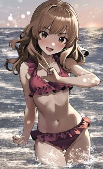 1girl bikini blush brown_eyes brown_hair collarbone commentary_request feet_out_of_frame fernandia_malvezzi highres liar_lawyer long_hair looking_at_viewer navel ocean on_water open_mouth outdoors pink_bikini solo standing strike_witches:_kurenai_no_majo-tachi sun swimsuit v world_witches_series