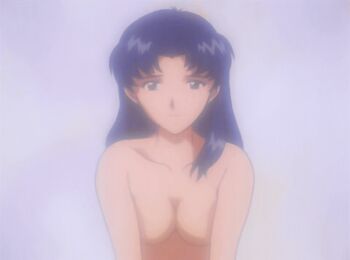 Rule 34 | 1girl, animated, animated gif, anime screenshot, black eyes, breasts, brown eyes, collarbone, ear piercing, katsuragi misato, looking at viewer, mature female, neon genesis evangelion, no nipples, nude, piercing, purple hair, seductive gaze, seductive smile, smile, solo