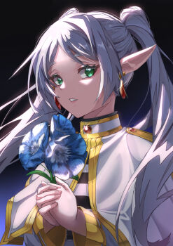 Rule 34 | 1girl, absurdres, black background, blue flower, capelet, commentary, earrings, elf, floating earrings, flower, frieren, gem, gold trim, green eyes, grey hair, highres, holding, holding flower, hwaryong, jewelry, korean commentary, long hair, long sleeves, looking at viewer, mixed-language commentary, own hands together, parted bangs, parted lips, pointy ears, red gem, shirt, solo, sousou no frieren, striped clothes, striped shirt, teardrop earrings, twintails, upper body, white capelet, white hair