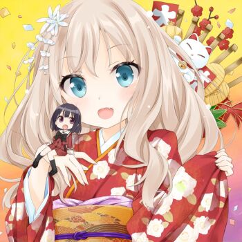 2girls aqua_eyes artist_request black_bow black_bowtie black_hair black_shoes black_socks blonde_hair blunt_bangs bow bowtie check_artist commentary_request confetti cover fang floral_print flower gradient_background hair_flower hair_ornament hands_up japanese_clothes kani_biimu kawamura_reo kimono kneehighs long_hair long_sleeves multiple_girls object_request official_art open_mouth purple_eyes red_flower sawaguchi_mai school_uniform second-party_source shoes socks sono_hanabira_ni_kuchizuke_wo st._michael's_school_uniform upper_body white_flower yellow_background