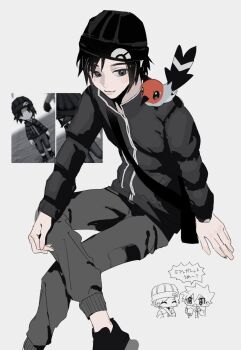 Rule 34 | 1boy, 2boys, arm support, beanie, black hair, black hat, black shoes, blue oak, calem (pokemon), chibi, closed mouth, fletchling, gen 6 pokemon, grey eyes, hat, highres, jacket, long sleeves, male focus, multiple boys, nintendo, on shoulder, pants, pokemon, pokemon (creature), pokemon on shoulder, pokemon rgby, pokemon xy, sekaiitinoki, shoes, short hair, sitting, speech bubble, translation request