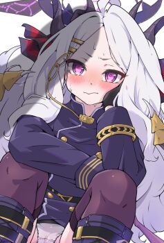 1girl ahoge black_halo black_thighhighs blue_archive blush breasts demon_girl demon_horns demon_wings halo highres hina_(blue_archive) horns long_hair looking_at_viewer low_wings mosuke1221 panties purple_eyes small_breasts solo thighhighs underwear very_long_hair white_hair wings