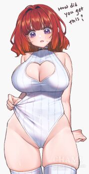 1girl adjusting_clothes adjusting_leotard artist_name bare_arms bare_shoulders bluesky_username breasts brown_choker chami_(charming621) choker cleavage cleavage_cutout clothing_cutout collarbone commentary covered_collarbone cowboy_shot english_text grey_background groin hair_intakes hand_up heart heart_choker heart_cutout highleg highleg_leotard highres large_breasts leotard long_hair looking_at_viewer original parted_lips purple_eyes raised_eyebrows red_hair ribbed_thighhighs sideboob simple_background skindentation solo standing sweatdrop symbol-only_commentary thighhighs twitter_username white_leotard white_thighhighs