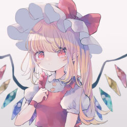 Rule 34 | 1girl, ascot, bat wings, blonde hair, bow, crystal, flandre scarlet, hat, hat bow, hat ribbon, hiyuu (hiyualice), mob cap, multicolored wings, red eyes, ribbon, skirt, solo, touhou, upper body, white background, wings