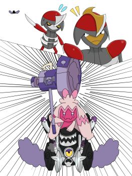 1girl 3others absurdres artist_request bisharp crystal emphasis_lines full_body gen_5_pokemon hammer highres holding holding_weapon huge_weapon incoming_attack looking_at_another multiple_others nintendo no_humans pawniard pokemon pokemon_(creature) revavroom riding sequential simple_background smile tinkaton weapon white_background