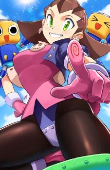 1girl adam_ryu_ford black_bodysuit blue_jacket bodysuit breasts brooch brown_hair cowboy_shot cropped_jacket crotch_plate dress earrings green_eyes highres jacket jewelry large_breasts medium_hair mega_man_(series) mega_man_legends_(series) pink_dress servbot_(mega_man) skull_brooch skull_earrings solo_focus sunlight tron_bonne_(mega_man)
