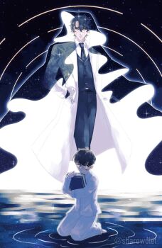 2boys bandage_on_face bandages black_hair black_necktie black_vest book cloak coat collared_shirt glowing hands_in_pockets height_difference highres holding holding_book hood hood_up hooded_cloak hugging_object kim_dokja kneeling looking_at_viewer male_focus multiple_boys necktie night oldest_dream omniscient_reader's_viewpoint open_clothes open_coat pajamas ripples secretive_plotter sharowolet shirt short_hair star_trail starry_sky_print vest white_coat white_shirt yoo_joonghyuk