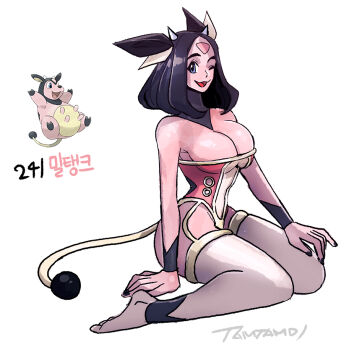 1girl animal_ears barefoot black_hair black_nails blue_eyes breasts cleavage commentary cow_ears full_body gen_2_pokemon horns large_breasts leotard looking_at_viewer miltank nintendo one_eye_closed open_mouth personification pink_leotard pokemon pokemon_(creature) reference_inset simple_background sitting tail tamtamdi thighhighs translated wariza white_background white_thighhighs