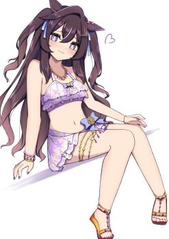 1girl :3 absurdres alternate_costume alternate_hairstyle animal_ears blush breasts collarbone commentary_request hair_between_eyes hair_ornament highres horse_ears horse_girl horse_tail jewelry long_hair looking_at_viewer mole mole_under_eye necklace official_alternate_costume purple_eyes sandals simple_background sitting swimsuit tail umamusume vivlos_(umamusume) wakaraaan white_background