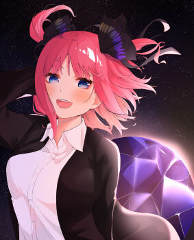 1girl abstract_background absurdres arm_behind_head arm_up black_cardigan blue_eyes blush butterfly_hair_ornament cardigan collared_shirt go-toubun_no_hanayome hair_ornament highres long_sleeves looking_at_viewer medium_hair mojyu_saico nakano_nino open_mouth red_hair school_uniform shirt smile solo teeth two_side_up upper_body upper_teeth_only white_background