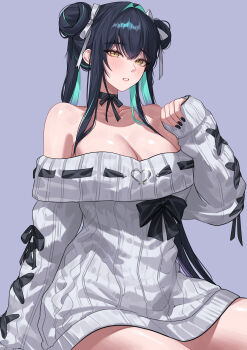 1girl absurdres black_nails colored_inner_hair double_bun dress goddess_of_victory:_nikke grey_sweater hair_bun hair_intakes highres katrinabluuuuu little_mermaid_(beautiful_bubble)_(nikke) little_mermaid_(nikke) multicolored_hair off-shoulder_sweater off_shoulder official_alternate_costume official_alternate_hairstyle ribbed_dress solo sweater sweater_dress