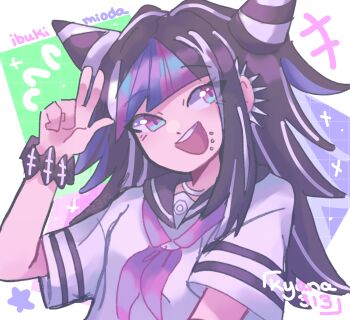 +++ 1girl artist_name black_hair black_sailor_collar blue_hair blue_streaks blush character_name collared_shirt commentary danganronpa_(series) danganronpa_2:_goodbye_despair ear_piercing english_commentary eyelashes face_piercing hair_horns hand_up highres kyana313 long_hair mioda_ibuki mouth_piercing multicolored_hair neckerchief open_mouth piercing pink_eyes pink_hair pink_neckerchief pink_streaks sailor_collar scrunchie shirt short_sleeves smile solo streaked_hair teeth upper_teeth_only w white_hair white_shirt wrist_scrunchie