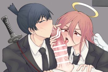 Rule 34 | 1futa, 2boys, angel devil (chainsaw man), bar censor, black hair, black necktie, censored, chainsaw man, commission, cooperative fellatio, erection, fellatio, femdom, formal clothes, futa with male, futa with male, futanari, futanari pov, halo, hayakawa aki, highres, large penis, licking, licking penis, long hair, long sleeves, looking at penis, makima (chainsaw man), male focus, mmd threesome, multiple boys, necktie, open mouth, oral, penis, pov, red hair, shirt, skeb commission, suit, sword, sword on back, teamwork (sexual), threesome, tongue, tongue out, weapon, weapon on back, white shirt, yuyumaru aikichi