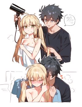 1boy 1girl absurdres ahoge artoria_caster_(fate) artoria_pendragon_(fate) bad_link black_hair black_shirt blonde_hair blue_eyes blush breasts collarbone drying drying_another&#039;s_hair drying_hair ebora fate/grand_order fate_(series) fujimaru_ritsuka_(male) green_eyes hair_dryer hand_in_another&#039;s_hair hand_in_own_hair highres holding holding_another&#039;s_hair holding_hair_dryer holding_own_hair long_hair medium_breasts shirt short_hair short_sleeves towel twintails very_long_hair