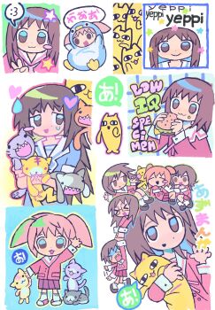 :3 azumanga_daiou blue_eyes eating food heart highres kagura_(azumanga_daioh) kasuga_ayumu mihama_chiyo mihama_chiyo's_father mizuhara_koyomi multiple_girls sakaki_(azumanga_daioh) school_uniform serafuku skirt stuffed_animal stuffed_toy takino takino_tomo too_many twintails yume_kawaii