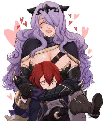 2girls :d absurdres belt biting biting_arm black_belt black_boots black_gloves black_robe boots breasts camilla_(fire_emblem) cleavage closed_eyes facing_viewer fang female_morgan_(fire_emblem) fire_emblem fire_emblem_fates gloves grey_pants grey_shirt hair_between_eyes hair_over_one_eye happy heart highres hug hug_from_behind knee_boots large_breasts long_hair long_sleeves multiple_girls nintendo open_mouth pants purple_hair red_eyes red_hair robe shirt short_hair sierra117renner simple_background smile struggling tongue very_long_hair wavy_hair white_background
