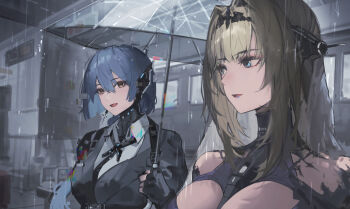 2girls absurdres bianca:_stigmata_(pgr) bianca_(pgr) blonde_hair blue_eyes blue_hair bodysuit breasts chest_harness chiko_(pgr) commentary_request earpiece fingerless_gloves gloves hair_intakes harness headgear highres holding holding_umbrella ian46166491 large_breasts looking_to_the_side multiple_girls open_mouth punishing:_gray_raven rain transparent transparent_umbrella umbrella yellow_eyes