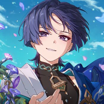 1boy black_shirt blue_flower blue_sky blue_vest blunt_ends chinese_commentary cloud commentary_request day eyeshadow falling_petals fingernails flower genshin_impact grin hand_up highres homura2414 japanese_clothes jewelry leaf looking_at_viewer makeup male_focus mandarin_collar morning_glory necklace open_clothes open_vest outdoors parted_bangs petals purple_eyes purple_flower purple_hair red_eyeshadow scaramouche_(genshin_impact) shirt short_hair short_sleeves sky sleeveless sleeveless_shirt smile solo teeth upper_body vest wanderer_(genshin_impact)