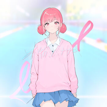 1girl ao_no_hako blue_skirt blurry blurry_background chouno_hina closed_mouth collared_shirt commentary_request double_bun dress_shirt gohannanaki hair_bun highres long_sleeves looking_at_viewer pink_sweater pleated_skirt red_eyes red_hair school_uniform shirt skirt solo sweater white_shirt