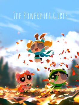 3girls acorn animal animal_on_head artist_name autumn autumn_leaves beanie black_hair black_shoes blonde_hair blossom_(ppg) blue_dress blue_hat blue_scarf blue_sky blurry blurry_foreground bubbles_(ppg) buttercup_(ppg) child closed_eyes commentary copyright_name dress falling_leaves frog_hat full_body green_dress green_eyes green_scarf grin hat highres holding_acorn jumping leaf long_hair mary_janes multiple_girls noah_(rokoroko) on_head one_eye_closed open_mouth orange_hair outdoors outstretched_arms pink_dress pink_eyes pink_hat pink_scarf pom_pom_(clothes) pom_pom_beanie powerpuff_girls scarf shoes short_hair siblings sisters sky smile squirrel symbol-only_commentary teeth twitter_username watermark