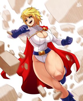 1girl absurdres artist_name belt blonde_hair blue_eyes blue_footwear blue_gloves breasts cape cleavage cleavage_cutout clothing_cutout commentary curvy dc_comics debris female_focus gloves highres jmg large_breasts leotard power_girl red_cape short_hair signature sleeved_leotard smile solo superman_(series) thick_thighs thighs western_comics_(style) white_leotard