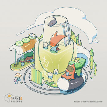 absurdres apple_rabbit bird black_cat broccoli cape cat cup daikon food food_art food_costume food_request highres holding holding_cup ladder multiple_others mushroom obento_friends original radish red_cape tako-san_wiener tti_design