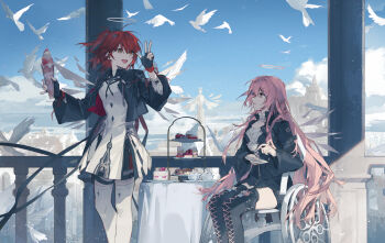 2girls adoptive_siblings animal-themed_food arknights bird black_boots black_dress black_gloves black_jacket blue_sky boots cake cheonyeon-hi cherry cloud commentary_request cropped_jacket cup dessert detached_wings doge dress energy_wings exusiai_(arknights) exusiai_the_new_covenant_(arknights) fingerless_gloves food food_request fruit gloves halo highres holding holding_cup holding_food holding_saucer jacket korean_commentary layered_sleeves lemuen_(arknights) long_hair multiple_girls open_mouth parfait parfait_glass pillar pink_eyes pink_hair railing red_hair saucer scone shirt short_hair siblings side_ponytail sisters sitting sky smile standing statue strawberry strawberry_shortcake table tablecloth thigh_boots thigh_strap thighhighs traditional_halo very_long_hair w wheelchair white_bird white_shirt white_thighhighs wings yellow_eyes
