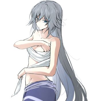 1girl absurdres artist_request bare_shoulders blue_eyes breasts character_request female_focus fu_hua grey_hair hair_intakes highres hip_bones honkai_(series) honkai_impact_3rd long_hair medium_breasts messy_hair sarashi sidelocks solo tagme white_background