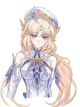 1girl bare_shoulders beret blonde_hair blue_eyes detached_sleeves dress facial_mark forehead_mark genshin_impact hair_ornament hat highres long_hair looking_at_viewer nicole_reeyn simple_background smile solo upper_body wa_serin white_background white_dress white_hat white_sleeves