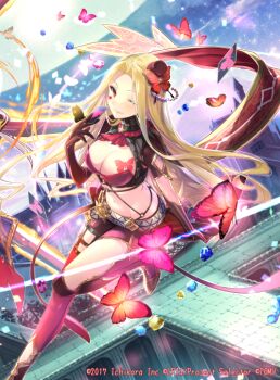 1girl black_gloves black_shirt black_shorts black_thighhighs blonde_hair breasts cleavage copyright_notice cropped_shirt elbow_gloves gloves large_breasts leg_up long_hair looking_at_viewer luis_cammy luis_cammy_(1st_costume) nijisanji official_art one_eye_closed ori_simo red_eyes shirt short_shorts shorts solo thighhighs very_long_hair virtual_youtuber wixoss