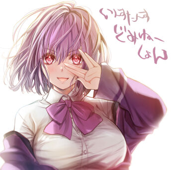 1girl blush bow bowtie breasts collared_shirt commentary_request gridman_universe large_breasts looking_at_viewer open_mouth purple_hair red_eyes shinjou_akane shirt short_hair smile solo ssss.gridman ueda_metawo upper_body