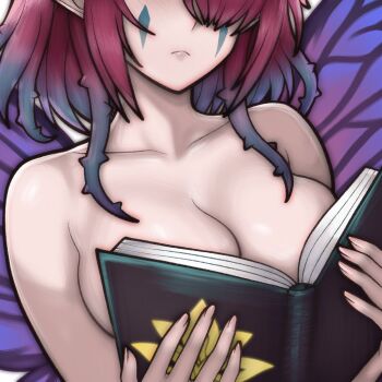 1girl book breasts eyes_out_of_frame facial_mark fairy fairy_wings fire_emblem fire_emblem_heroes frown head_out_of_frame holding holding_book medium_breasts nintendo open_book plant_hair pointy_ears rotomdocs short_hair simple_background solo triandra_(fire_emblem) upper_body white_background wings