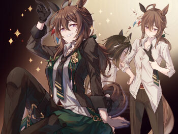 2girls ahoge animal_ears black_hair black_necktie black_pants blush breasts brown_eyes brown_hair coat collarbone collared_shirt ear_covers facial_mark gloves hair_between_eyes highres horse_ears horse_girl horse_tail jacket long_hair long_sleeves multicolored_hair multiple_girls nakayama_festa_(festival_game)_(umamusume) nakayama_festa_(umamusume) necktie official_alternate_costume open_clothes open_jacket open_mouth pants purple_eyes shirt single_ear_cover single_glove small_breasts smile sparkle star_(symbol) star_facial_mark stay_gold_(umamusume) streaked_hair tail umamusume white_hair white_shirt yue_(lov_n_n)