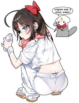 1girl ahoge ass backboob black_bra blue_panties blush bottle bow bowtie bra breasts brown_hair cropped_shirt dimples_of_venus earrings from_behind full_body haedungi_(shirayuki_hina) hair_bow hair_ornament hairclip highres holding holding_bottle holding_wand jewelry korean_text large_breasts long_hair looking_at_viewer looking_back mismatched_underwear off_shoulder open_mouth otter panties pants red_bow red_bowtie sammi_(33ammi) seashell see-through_clothes see-through_pants see-through_shirt shell shirayuki_hina shirt shoes sideways_glance sneakers speech_bubble squatting stellive stud_earrings sweat sweatband towel towel_around_neck translation_request underwear virtual_youtuber wand water_bottle white_pants white_shirt white_shoes wristband