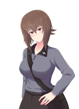 1girl absurdres between_breasts black_bag black_collar black_skirt blush breasts brown_eyes brown_hair buttons closed_mouth collar dress_shirt frown girls_und_panzer grey_shirt hair_between_eyes hand_on_own_hip highres iteza_(flapper_girl_25) kuromorimine_school_uniform large_breasts long_sleeves looking_at_viewer nishizumi_maho school_uniform shirt short_hair skirt solo strap_between_breasts wing_collar